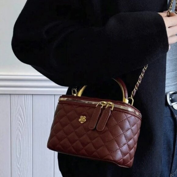 New Mini Burgundy Quilted Box Bag – Purse Handbag w/Gold Zipper & Accents - Picture 2 of 10